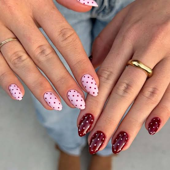 Medium Oval Pink Burgundy White Dot Nails — Dots Nail Designs
