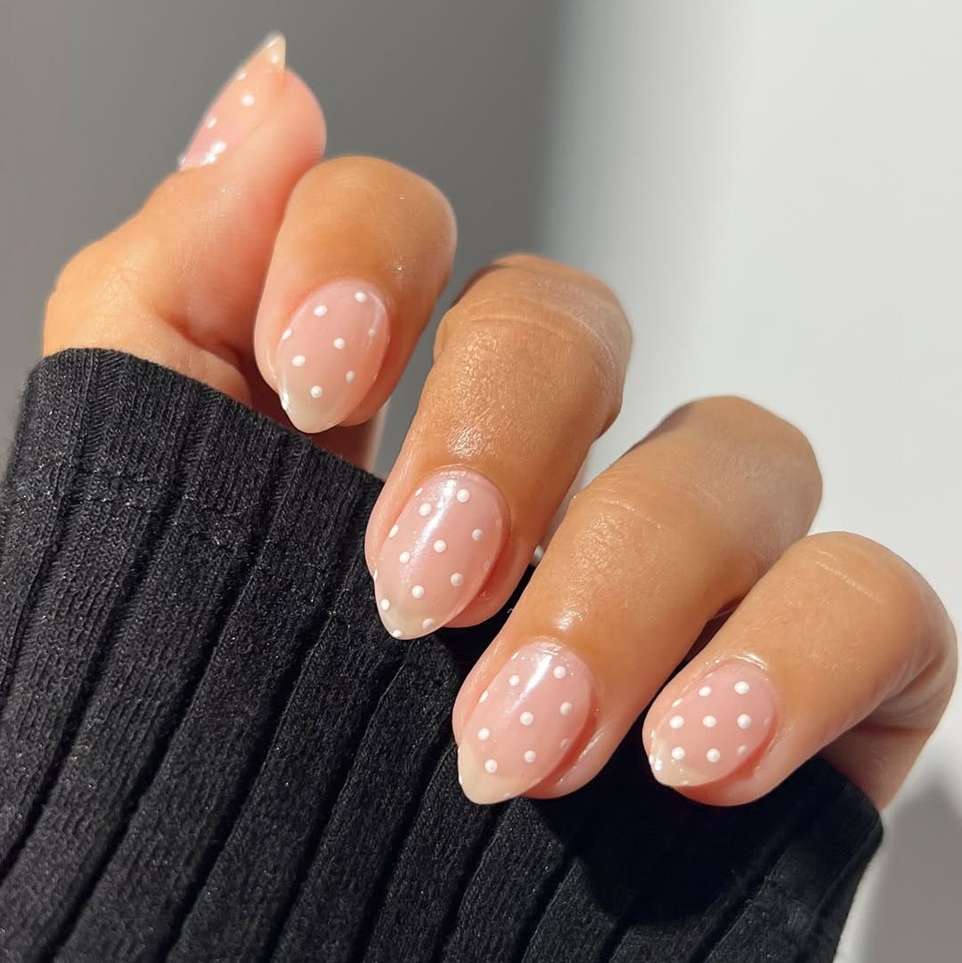 Short Almond Sheer Nude White Dot Nails — Dots Nail Designs