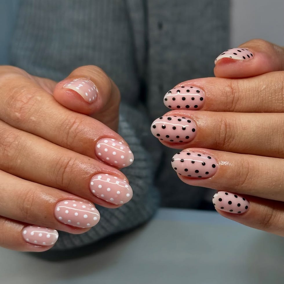 Short Oval Pale Pink Black Dot Nails — Dots Nail Designs