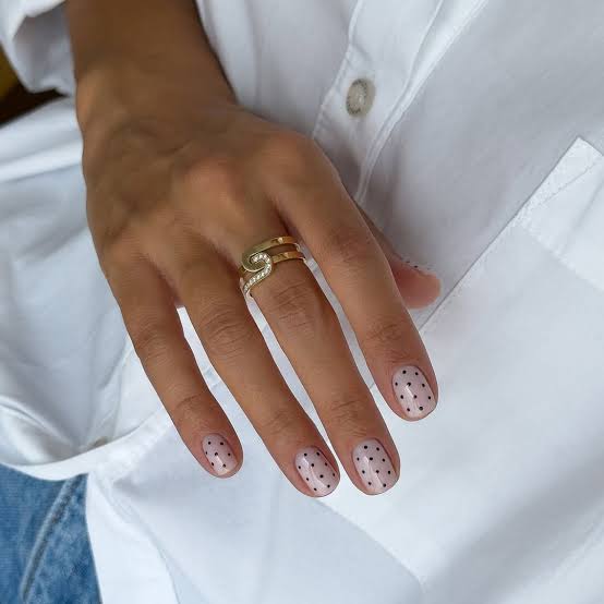 Short Oval Sheer Nude Black Dot Nails — Dots Nail Designs