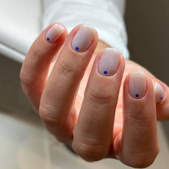 Short Square Single Blue Dot Nails — Dots Nail Designs