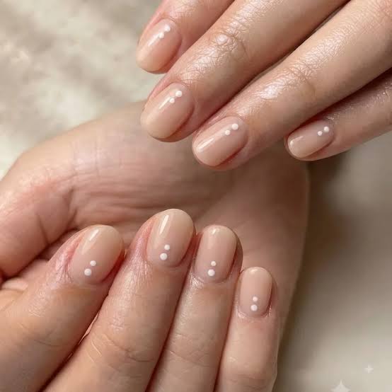 Short Oval Nude Tiny White Dot Nails — Dots Nail Designs