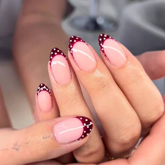 Medium Almond Burgundy French Tip Dot Nails — Dots Nail Designs