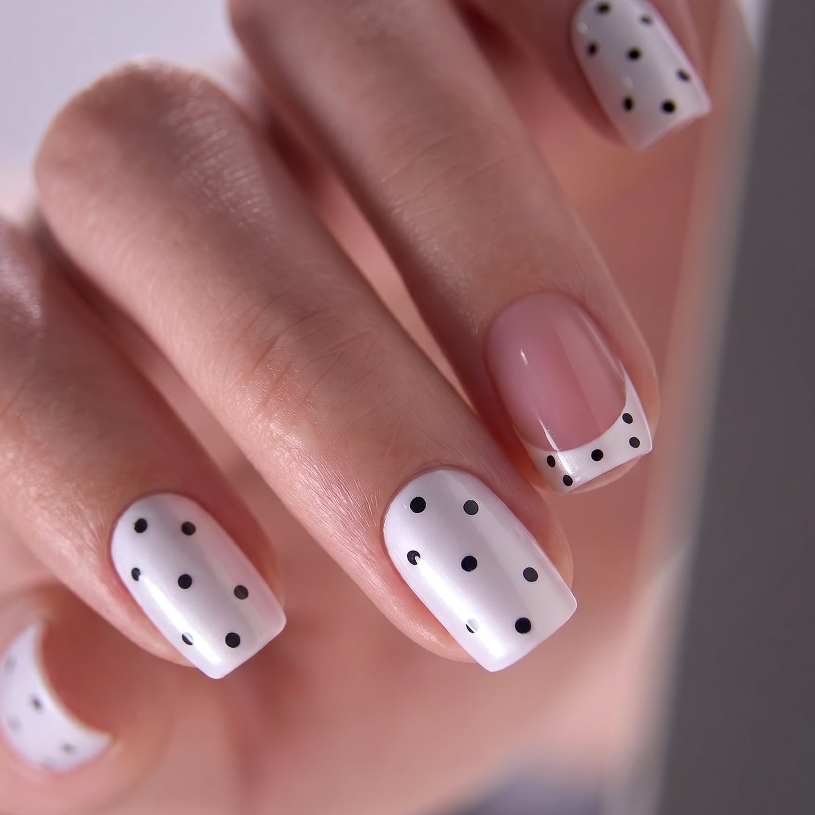 Short Square White Black French Tip Dot Nails — Dots Nail Designs