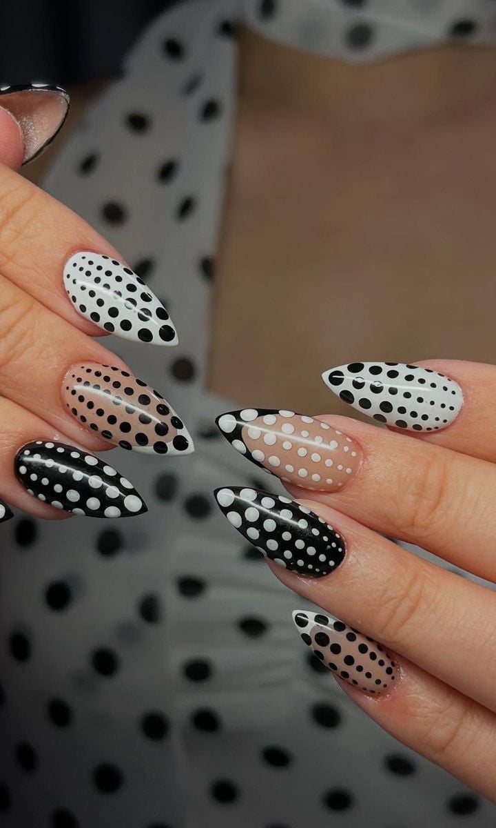 Graphic Black White Nude Almond Nails — Dots Nail Designs