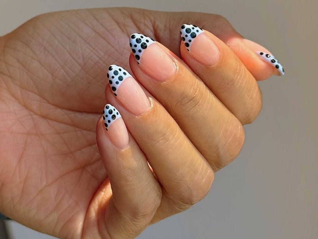 Medium Almond Sheer Pink Black Dot French Nails — Dots Nail Designs