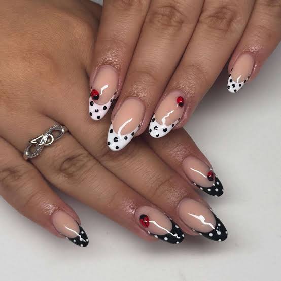 Medium Oval Pink White Black Dot French Nails, Glossy — Dots Nail Designs