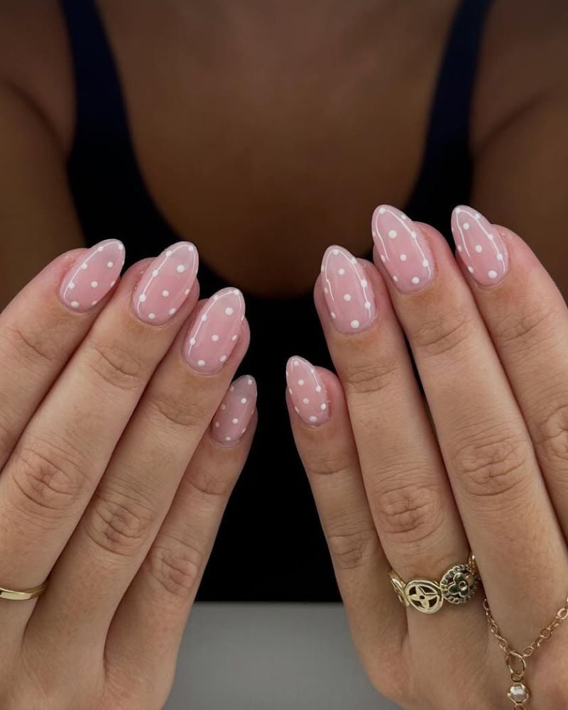 Medium Almond Sheer Pink White Dot Nails, Close-Up Take — Dots Nail Designs