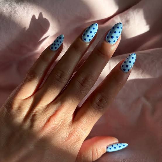 Medium Almond Light Blue Dark Blue Dot Nails — Dots Nail Designs