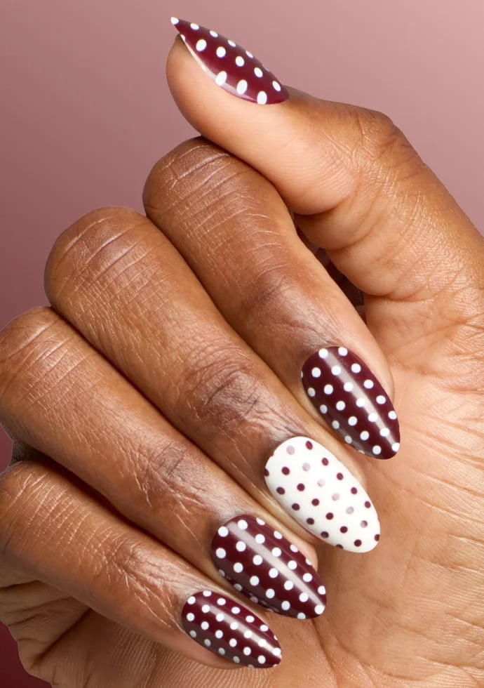 Medium Almond Burgundy White Dot Nails — Dots Nail Designs