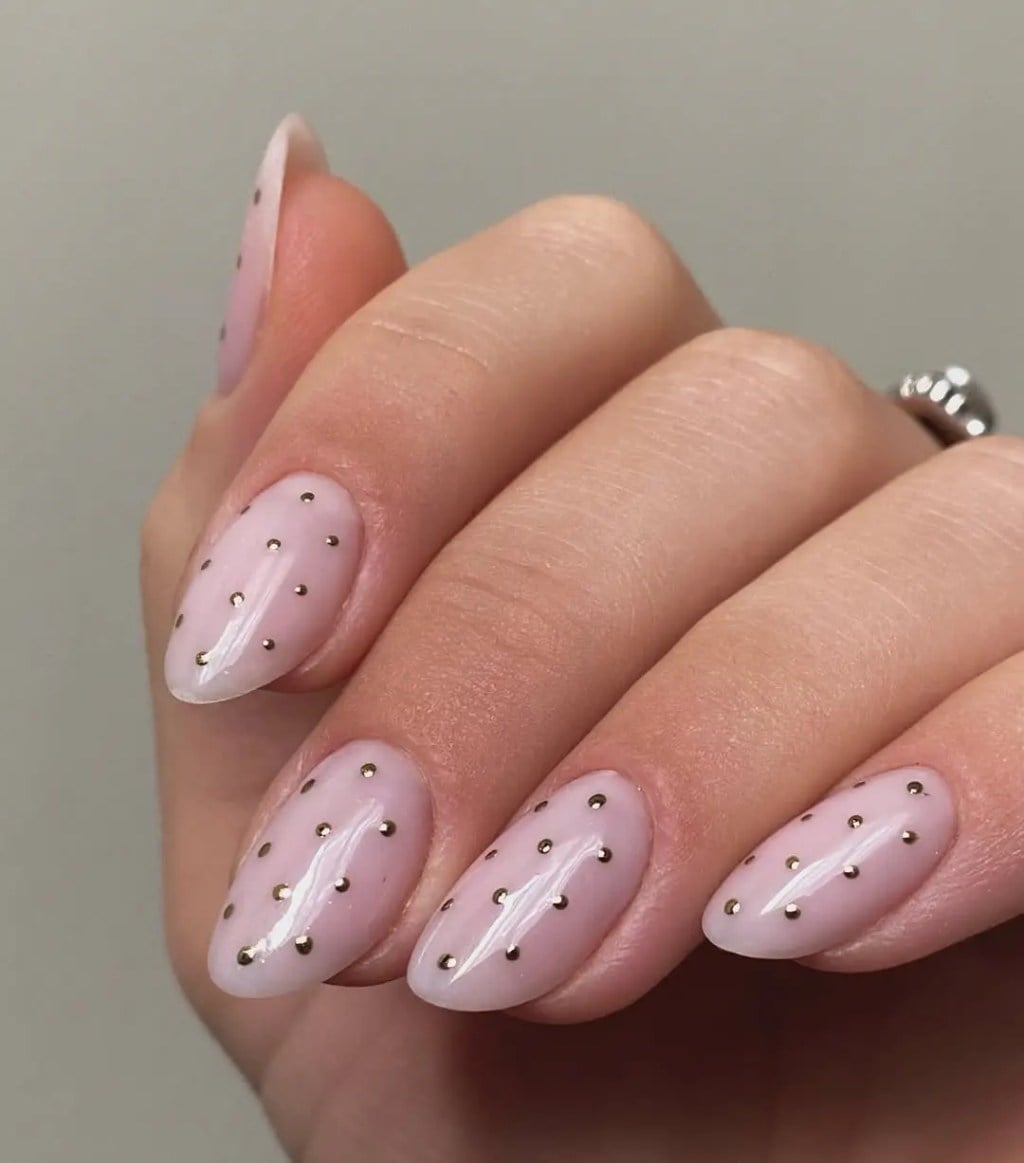 Medium Almond Pink Gold Dot Nails — Dots Nail Designs