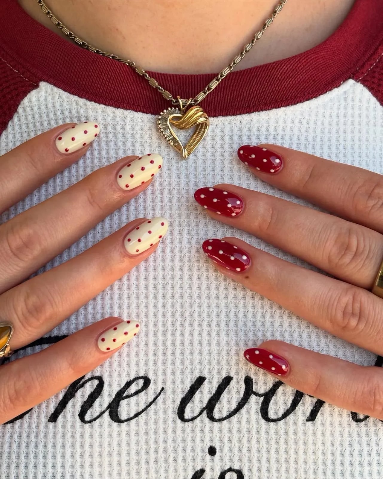 Medium Almond Cream Red Two-Tone Dot Nails — Dots Nail Designs