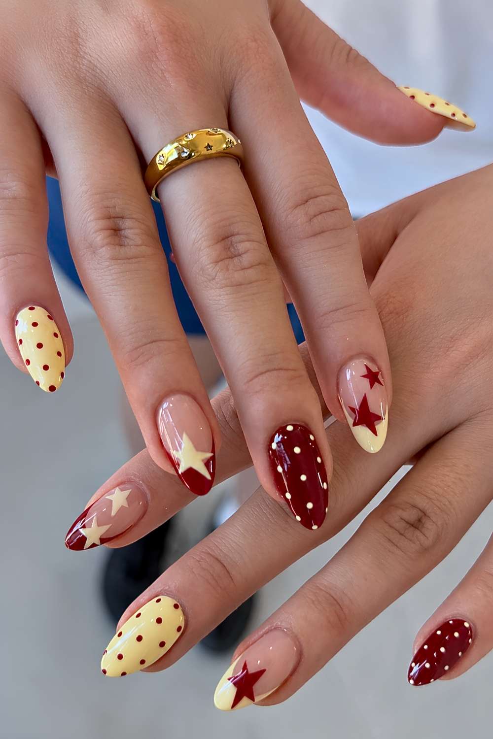 Short Almond Pink Black Accent Dot Nails, Close-Up Take — Dots Nail Designs