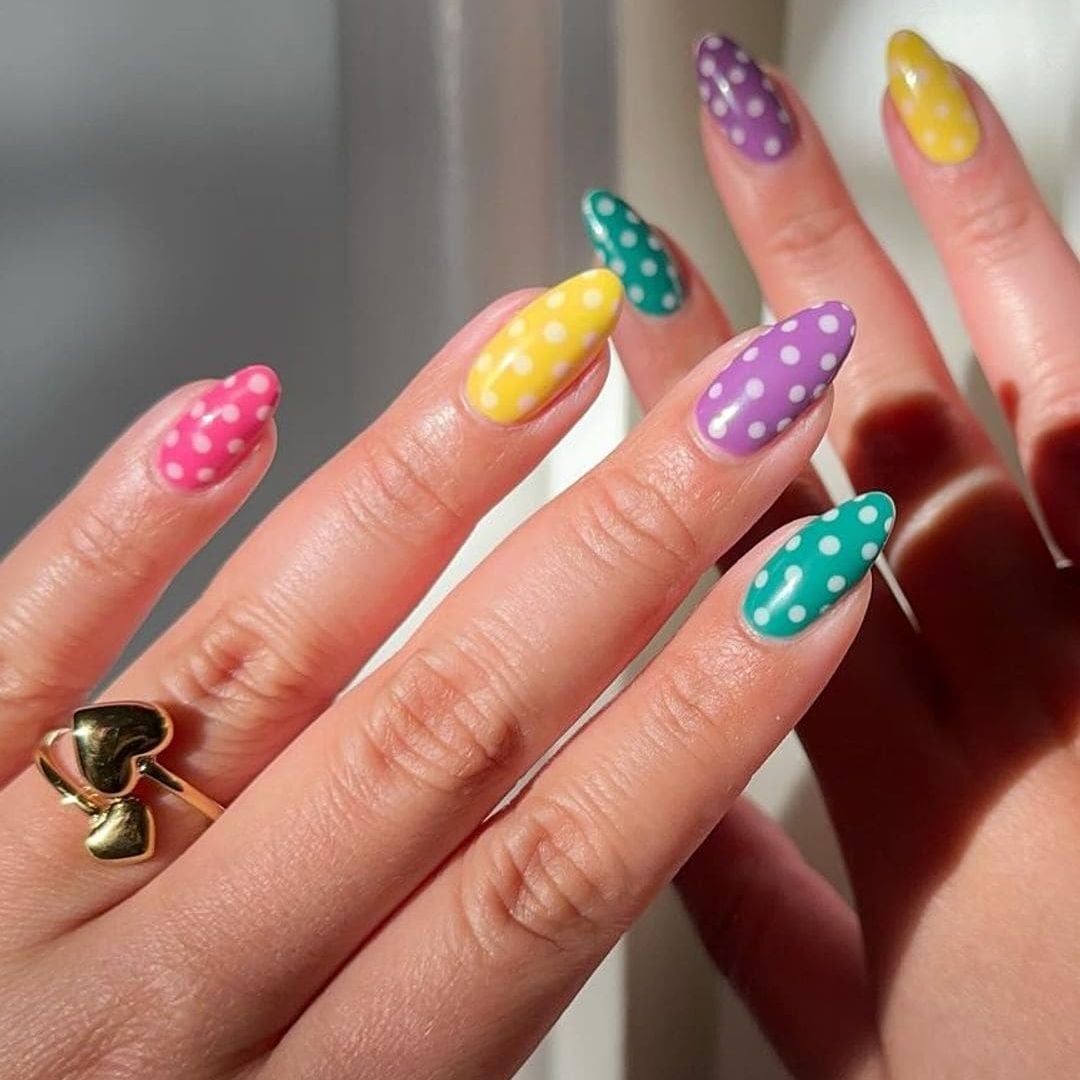Vibrant Color Almond Nails with White Dots — Dots Nail Designs