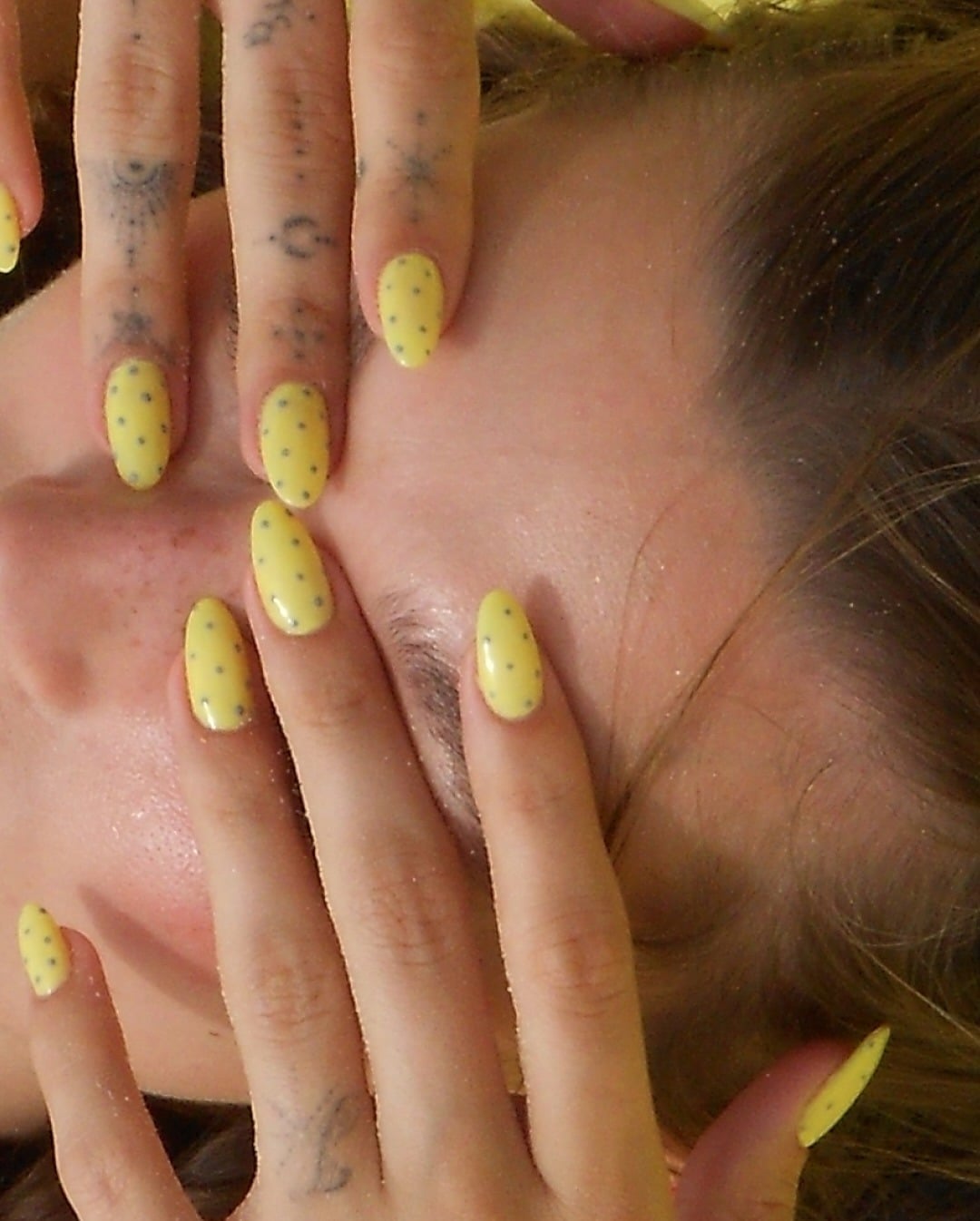 Short Oval Yellow Gray Dot Nails — Dots Nail Designs