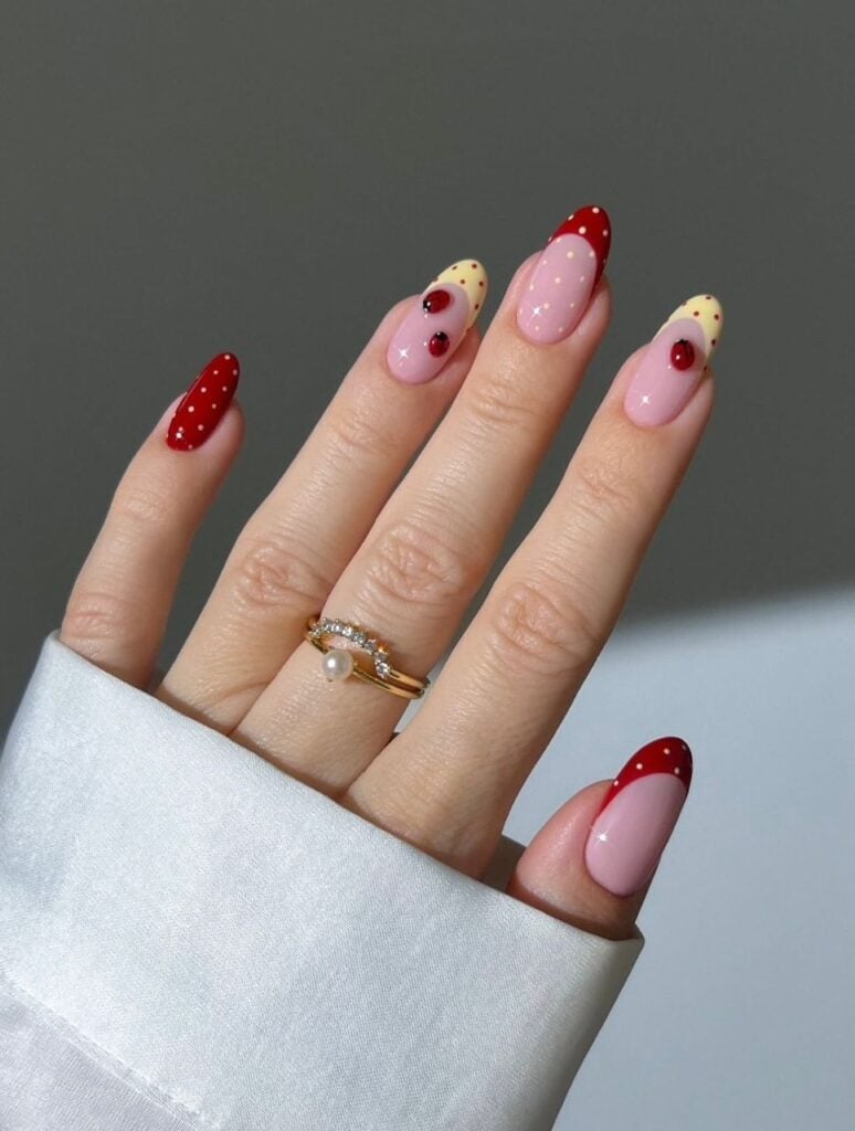 Medium Almond French Tip Ladybug Dot Nails, Close-Up Take — Dots Nail Designs
