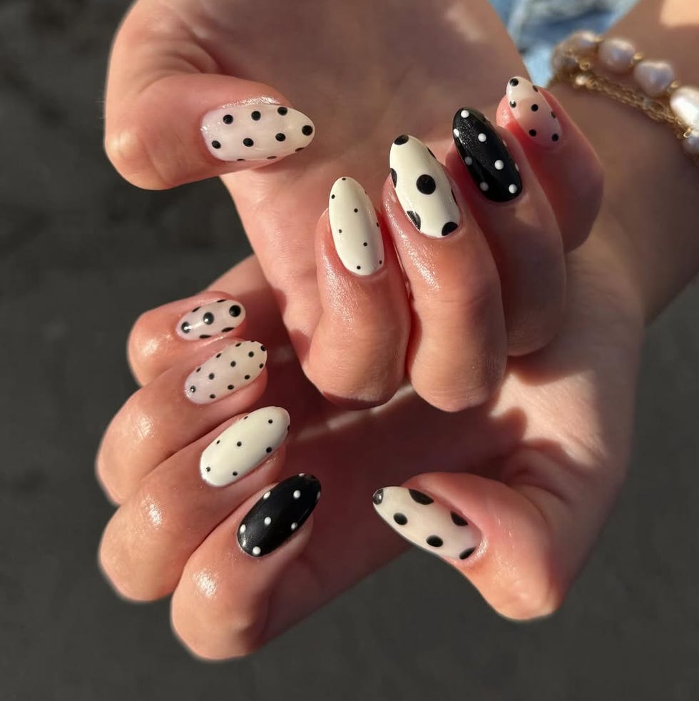 Graphic Nude Black White Almond Nails With Some With A Gradient Effect — Dots Nail Designs