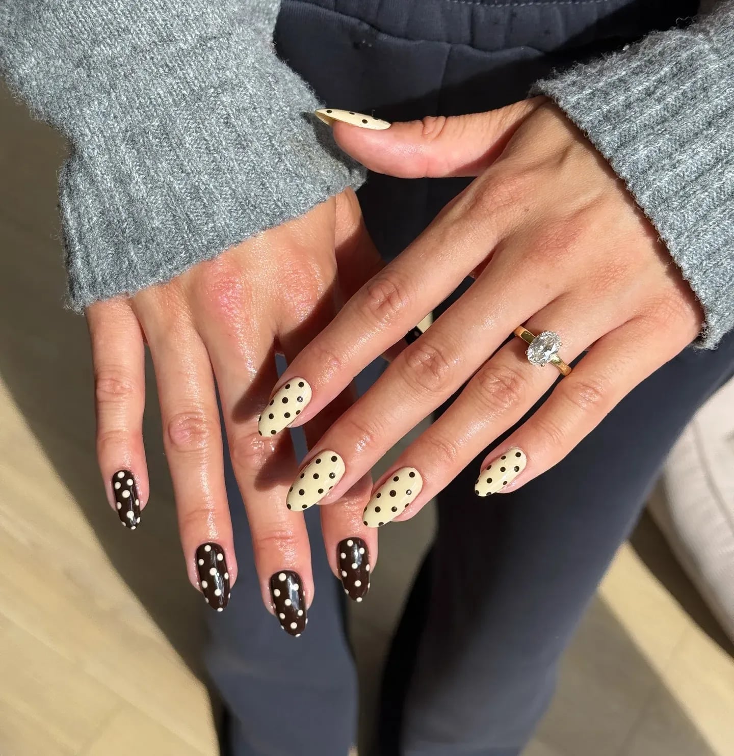 Long Almond Black Cream Dot Nails — Dots Nail Designs