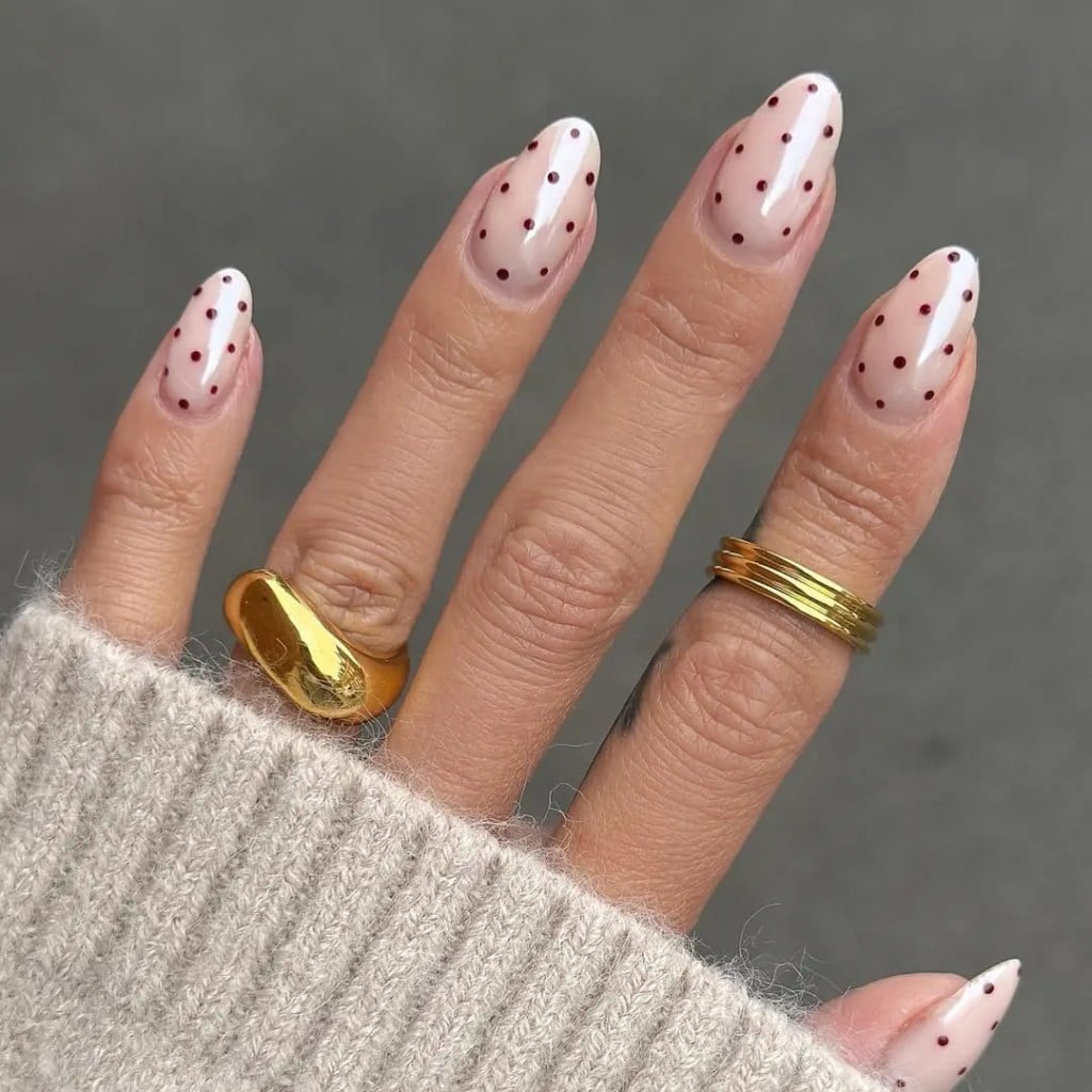 Medium Almond Sheer Nude Burgundy Dot Nails — Dots Nail Designs