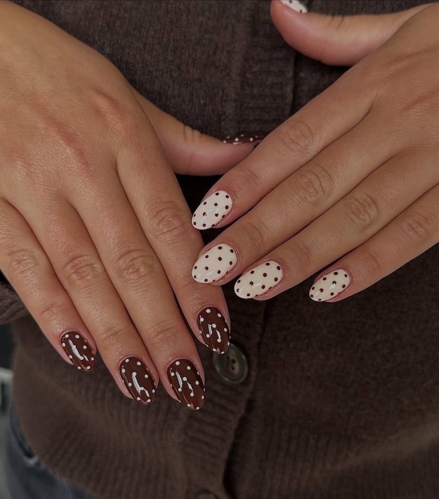 Medium Almond Chocolate Cream Polka Dot Nails — Dots Nail Designs