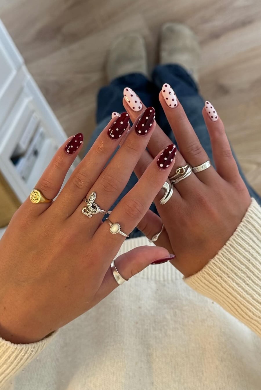 Short Almond Burgundy Pink Dot Nails — Dots Nail Designs