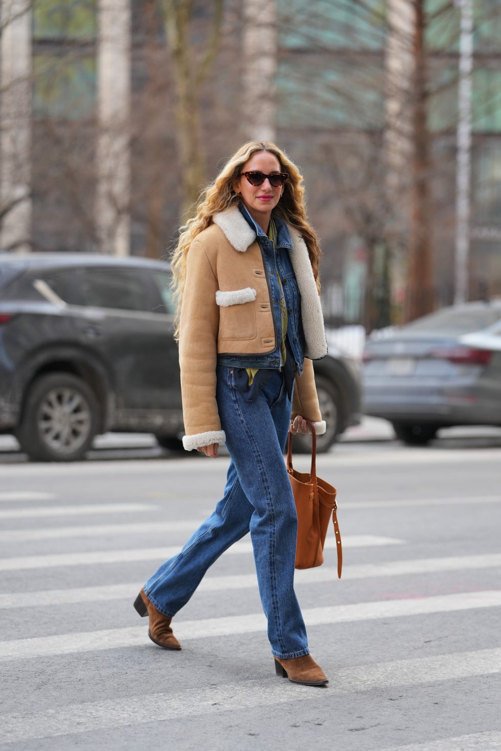 Shearling Lined Jacket with Straight-Leg Jeans and Suede Ankle Boots — Downtown Girl Outfits