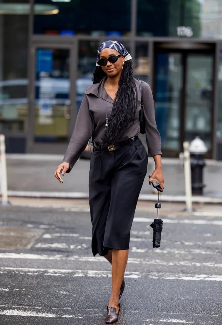 Black Culottes with Gray Long-Sleeve Shirt, Close-Up Take — Downtown Girl Outfits