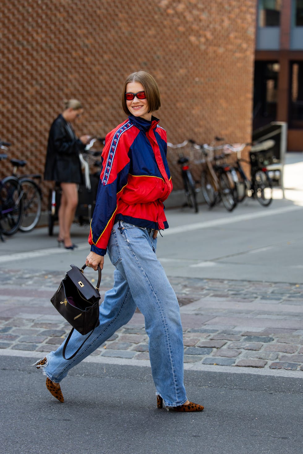 Red and Blue Track Jacket with Wide-Leg Jeans — Downtown Girl Outfits