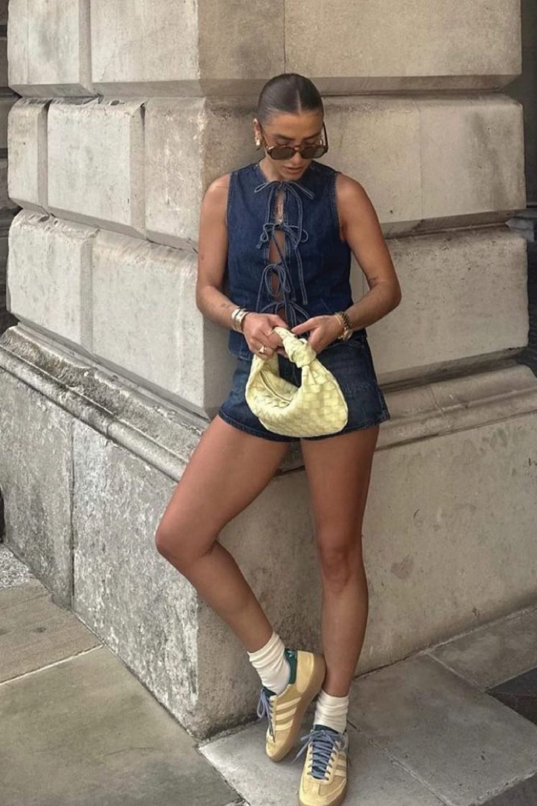Denim Tie-Front Top with Denim Mini Skirt — Downtown Girl Outfits