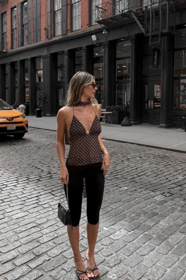Polka Dot Halter Top with Capri Leggings — Downtown Girl Outfits