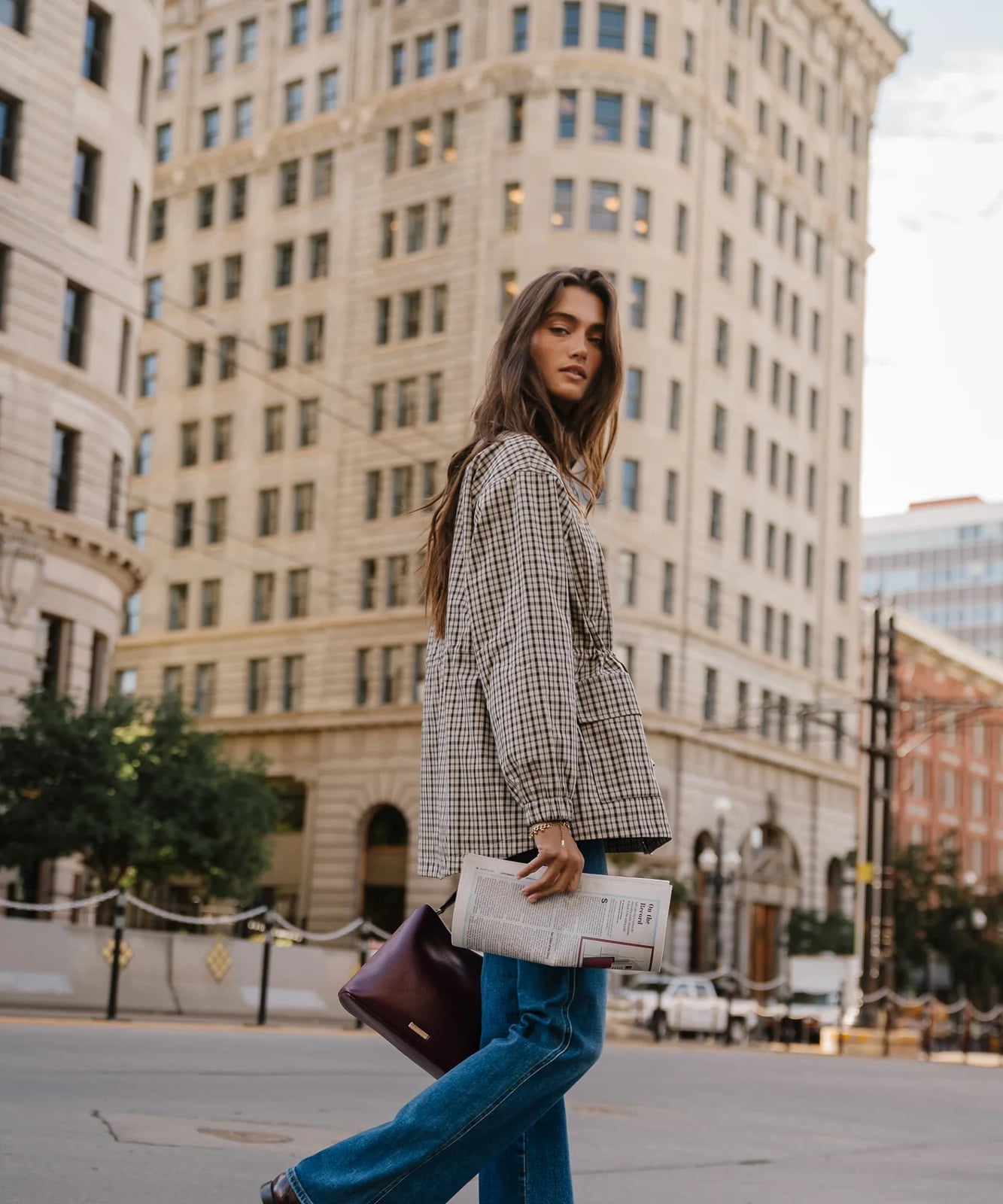 Plaid Oversized Blazer with Jeans — Downtown Girl Outfits