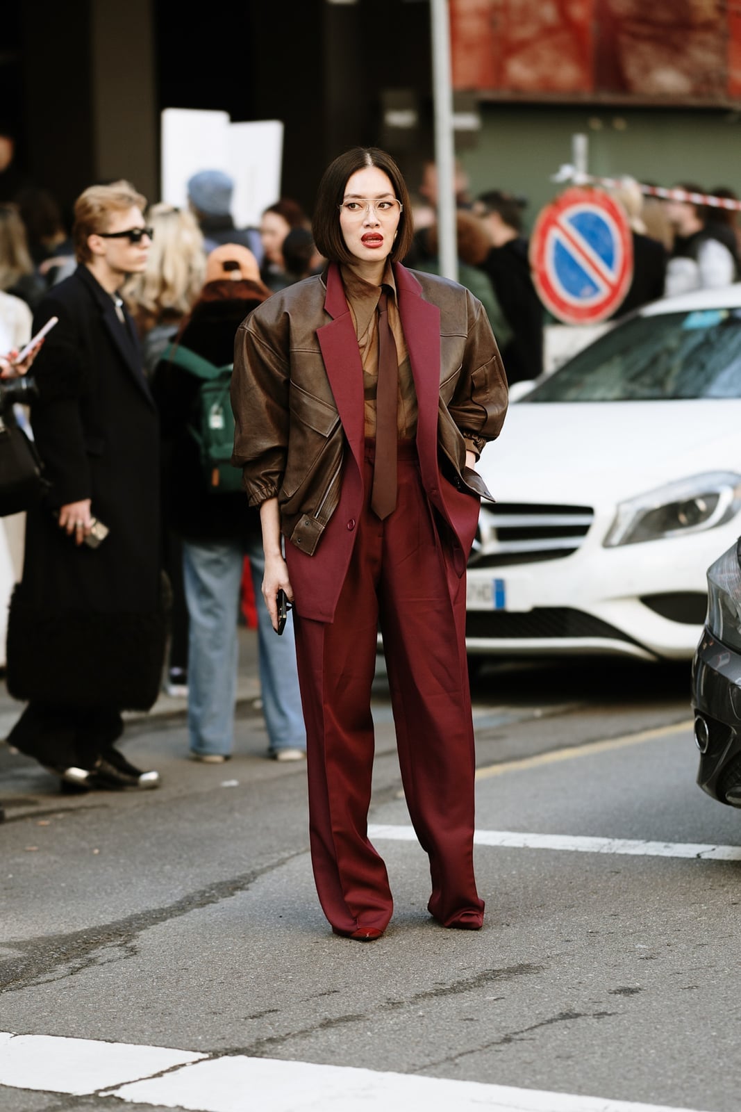 Oversized Leather Jacket with Burgundy Suit — Downtown Girl Outfits