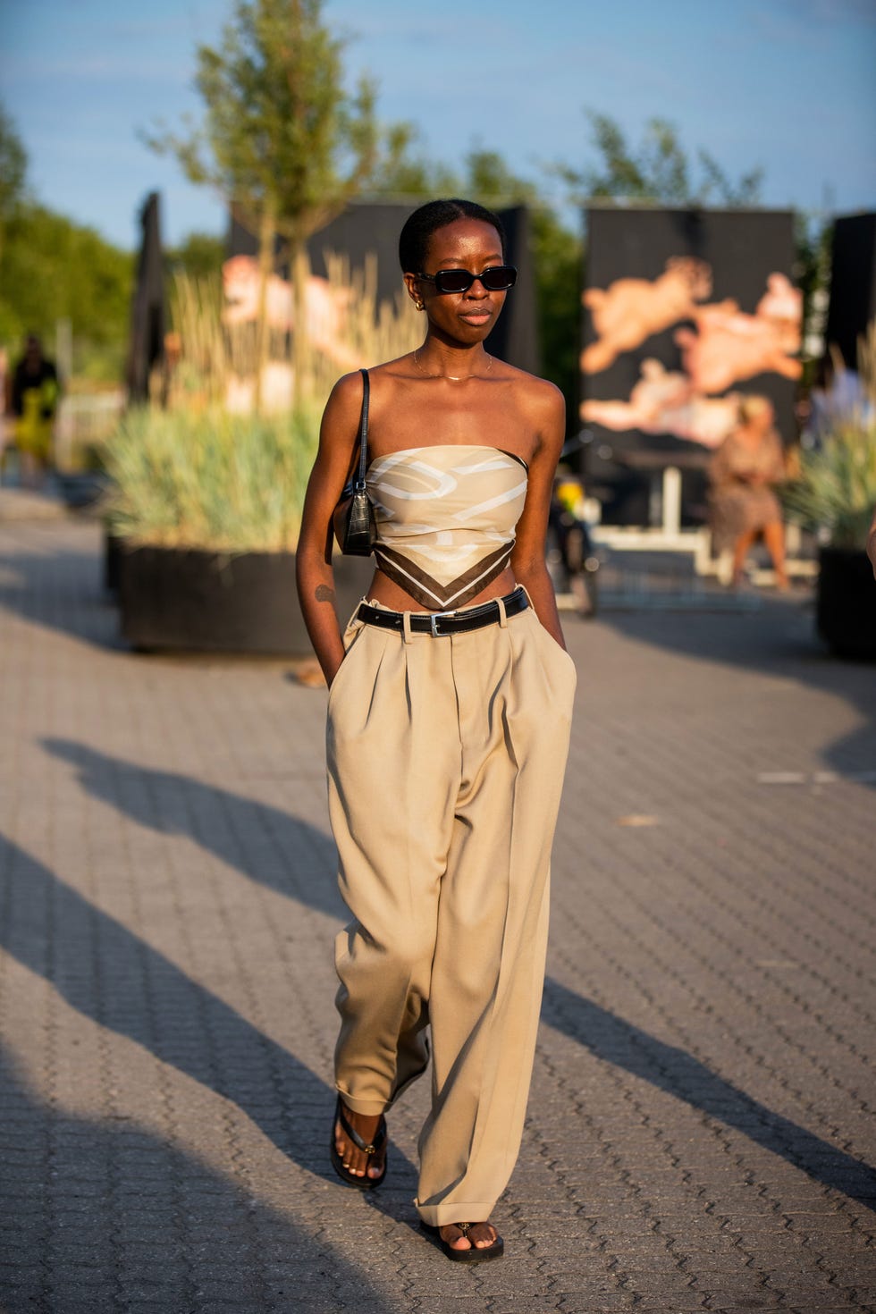 Printed Bandeau Top with Wide-Leg Trousers and Black Flip-Flops — Downtown Girl Outfits