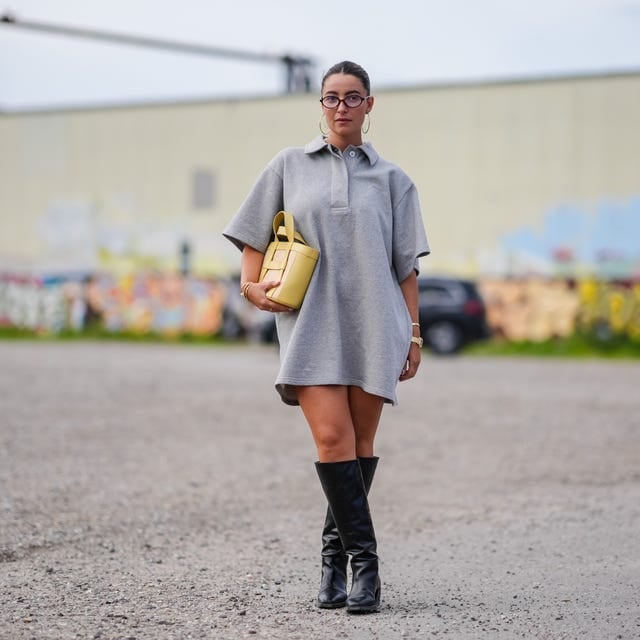 Oversized Polo Shirt Dress with Knee-High Boots, Jersey — Dress and Boots