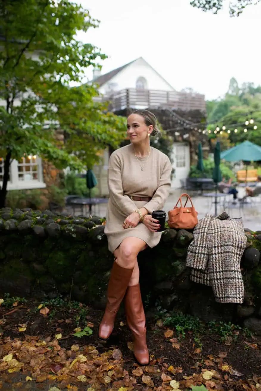 Fitted Knit Mini Dress with Leather Boots — Dress and Boots