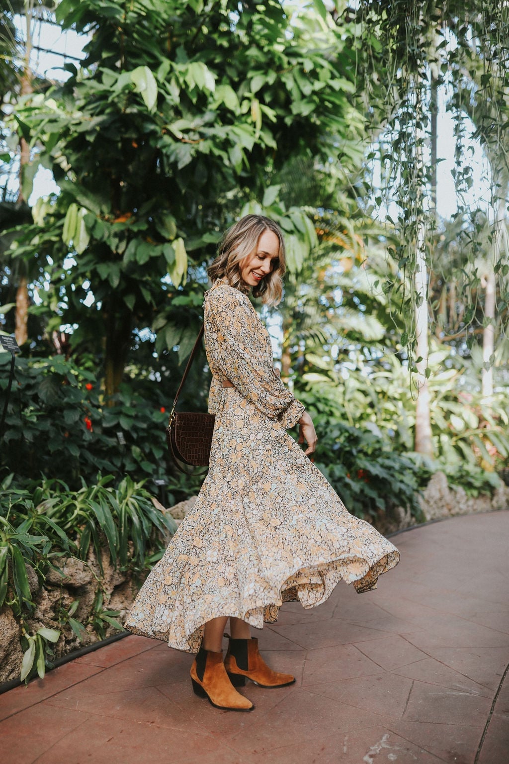 Floral Midi Dress with Tan Ankle Boots — Dress and Boots