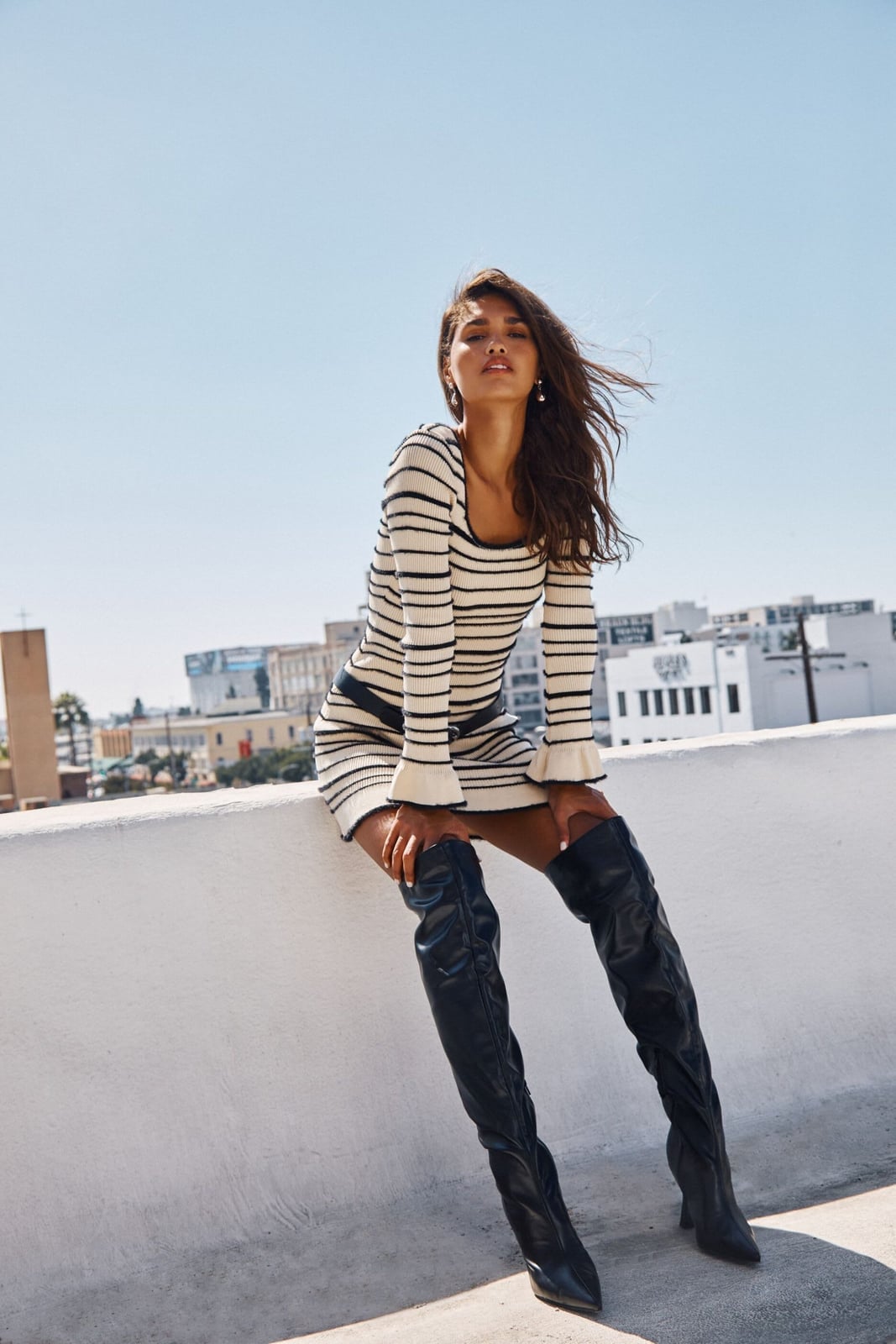 Striped Mini Dress with Thigh-High Boots — Dress and Boots