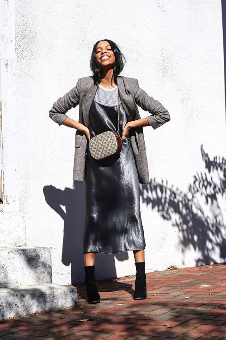 Silver Slip Dress with Blazer and Ankle Boots, Charcoal Gray — Dress and Boots