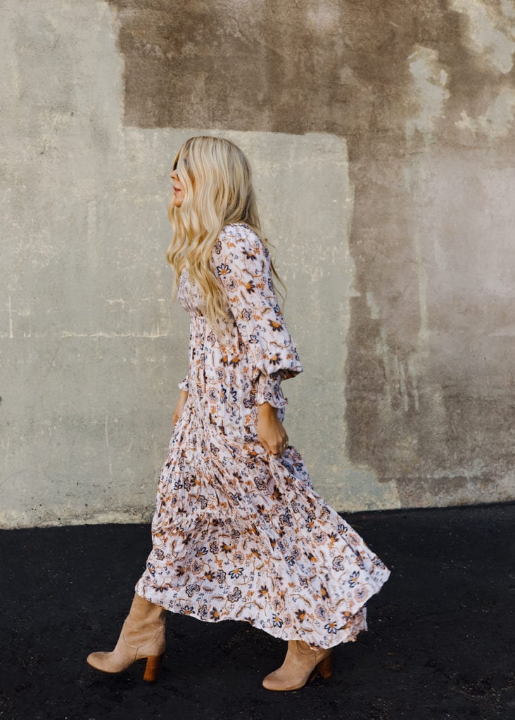 Floral Tiered Dress with Beige Ankle Boots — Dress and Boots