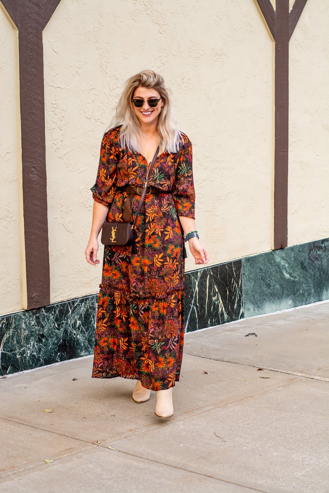 Tiered Floral Dress with Cream Ankle Boots, Chiffon — Dress and Boots