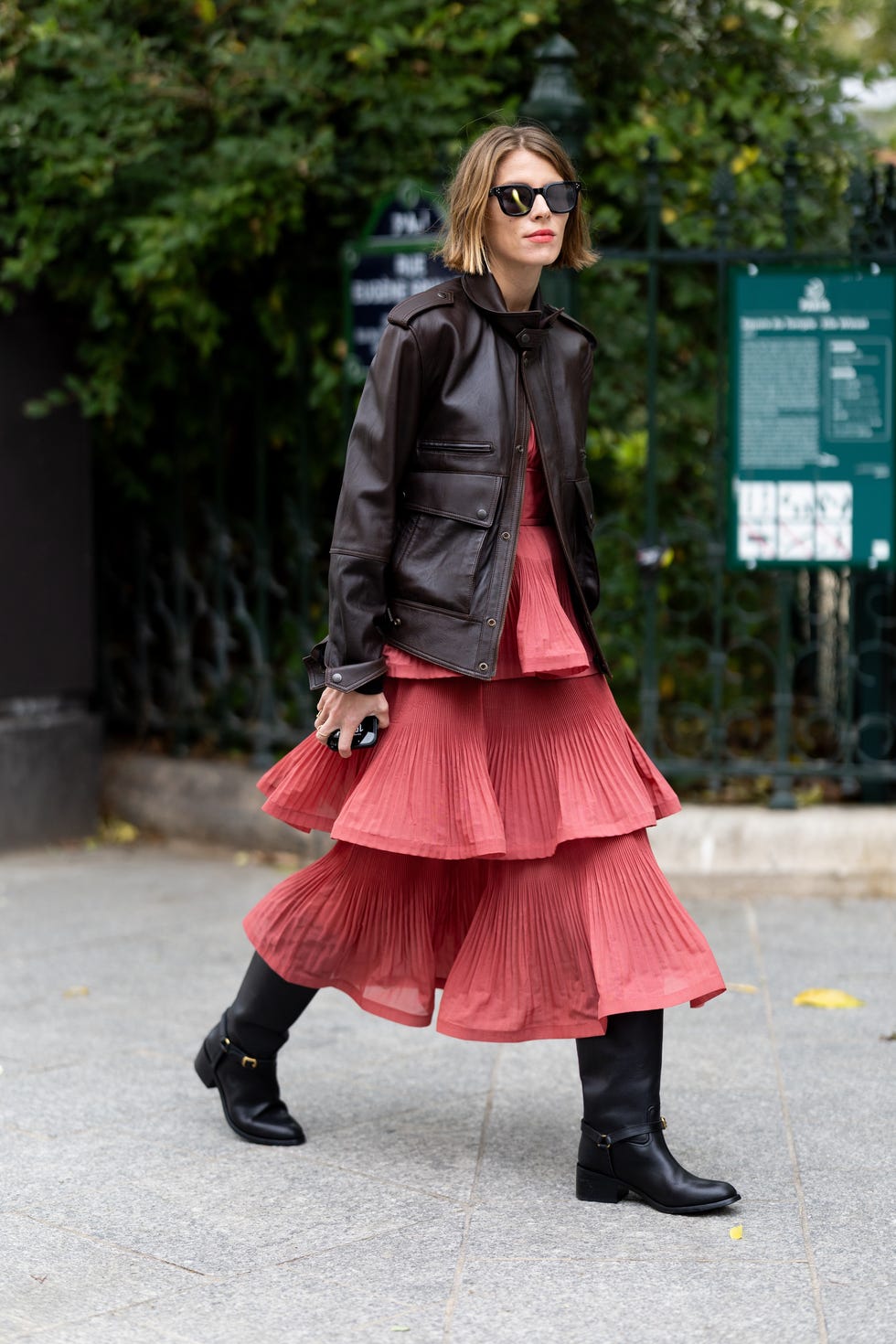 Tiered Pleated Midi Dress with Bomber Jacket and Block Heels — Dress and Boots
