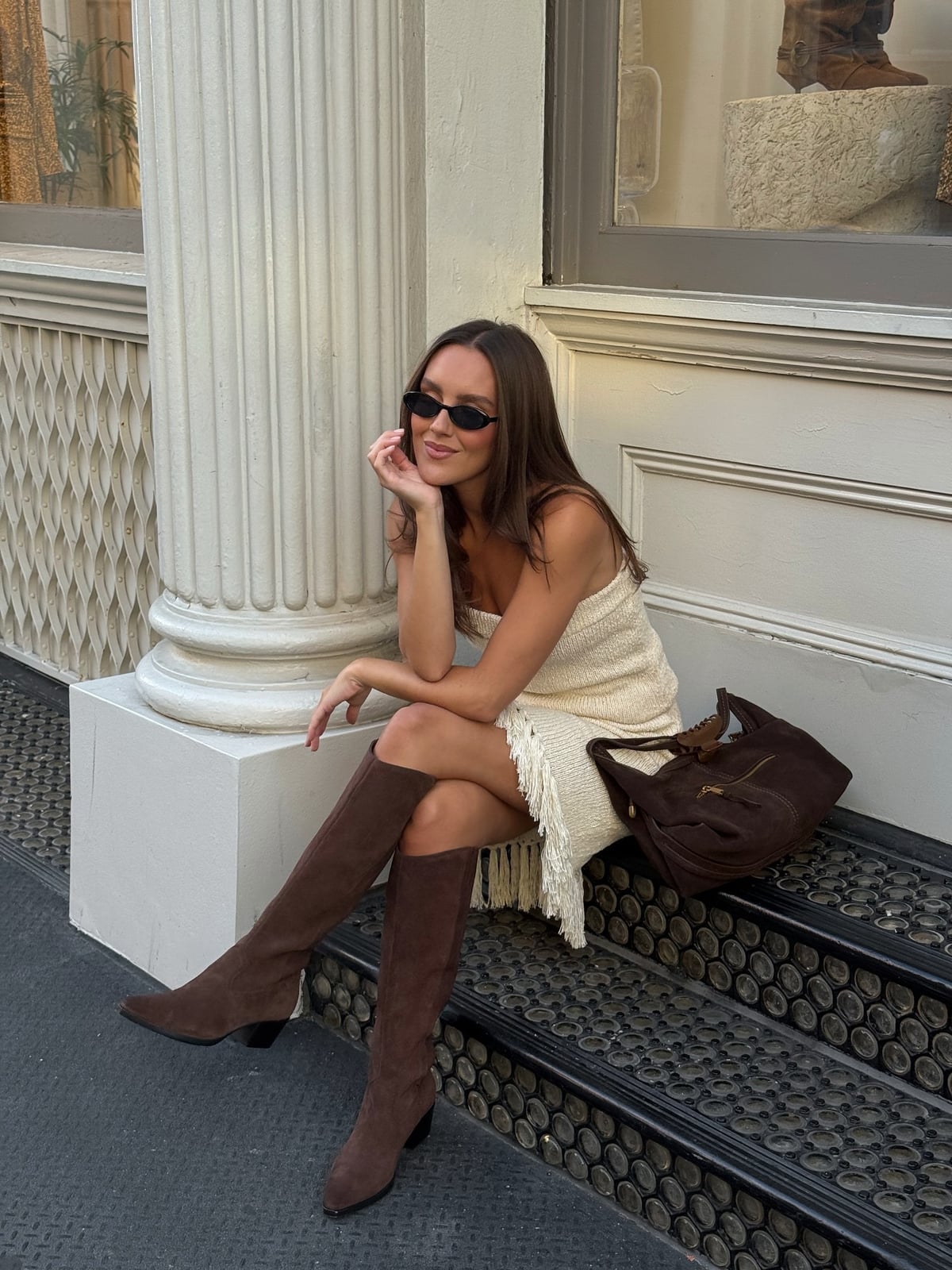 Fringed Mini Dress with Suede Knee-High Boots — Dress and Boots