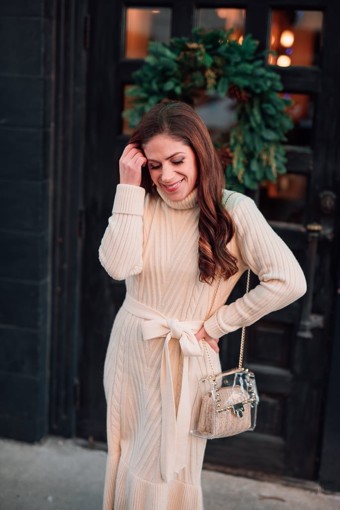 Cream Ribbed Knit Midi Sweater Dress With Woven And Clear Bag — Dress As Your Type