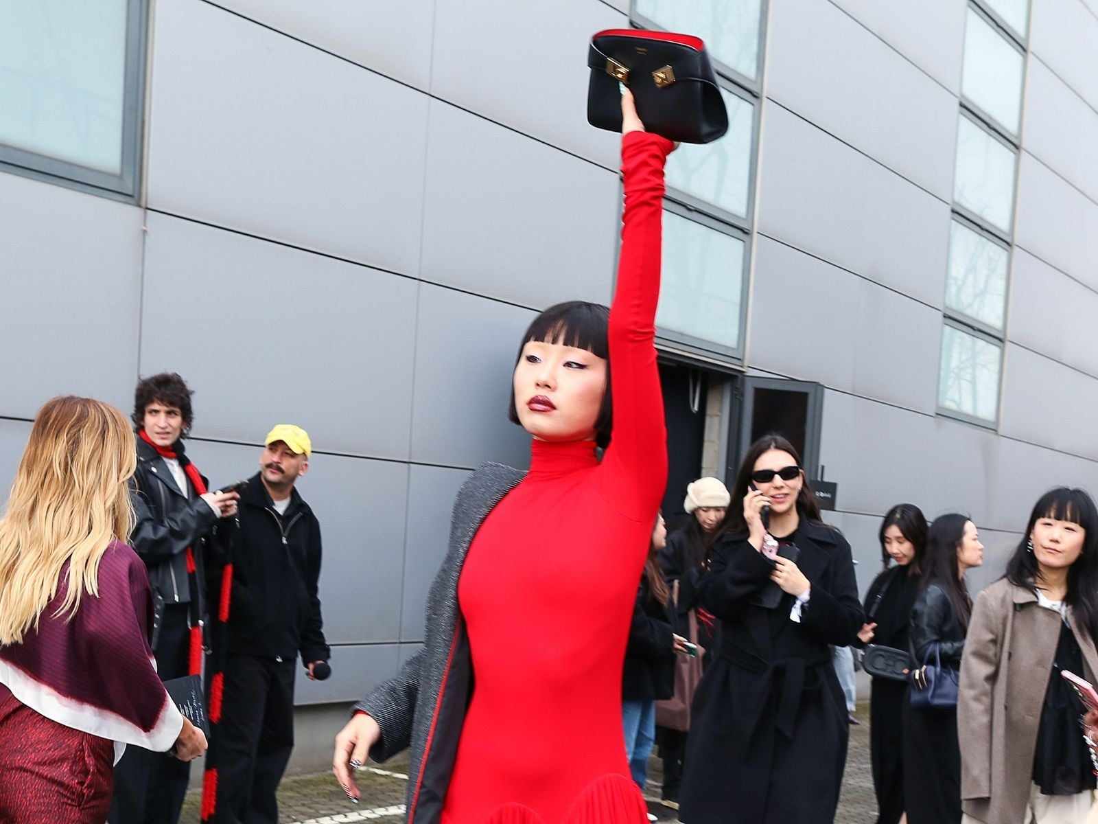Fitted Red Long-Sleeve Dress Under Gray Coat — Dress As Your Type