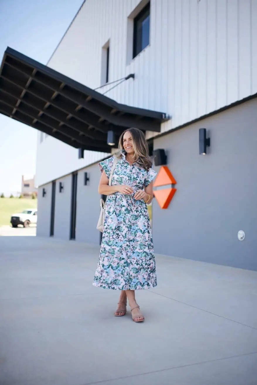 Floral Print Midi Dress with Tie Waist and White Crossbody Bag — Dress As Your Type