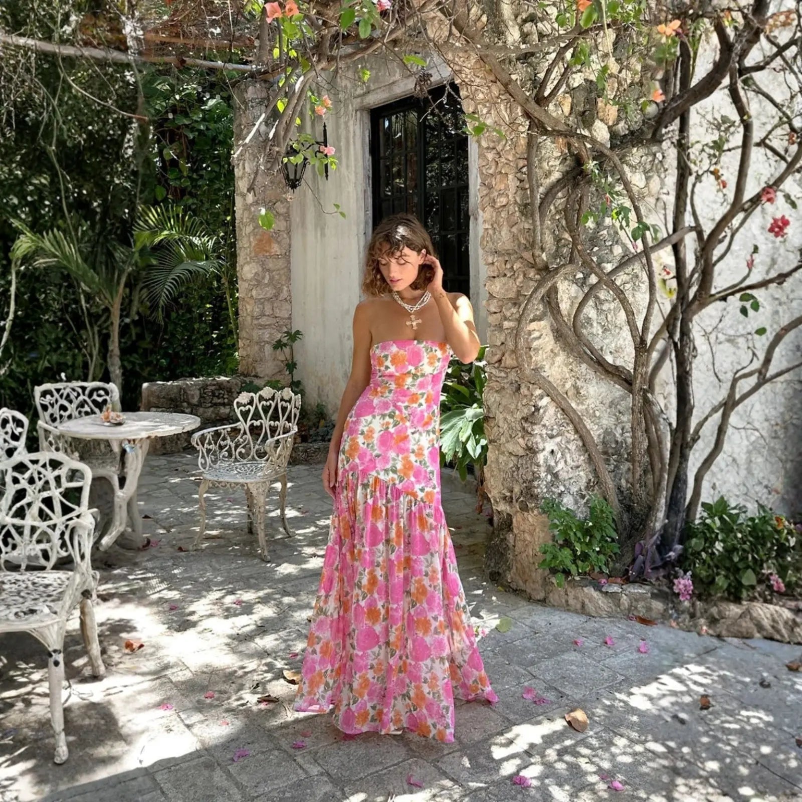 Strapless Maxi Dress with Bold Floral Print, Office-Safe Version — Dress As Your Type