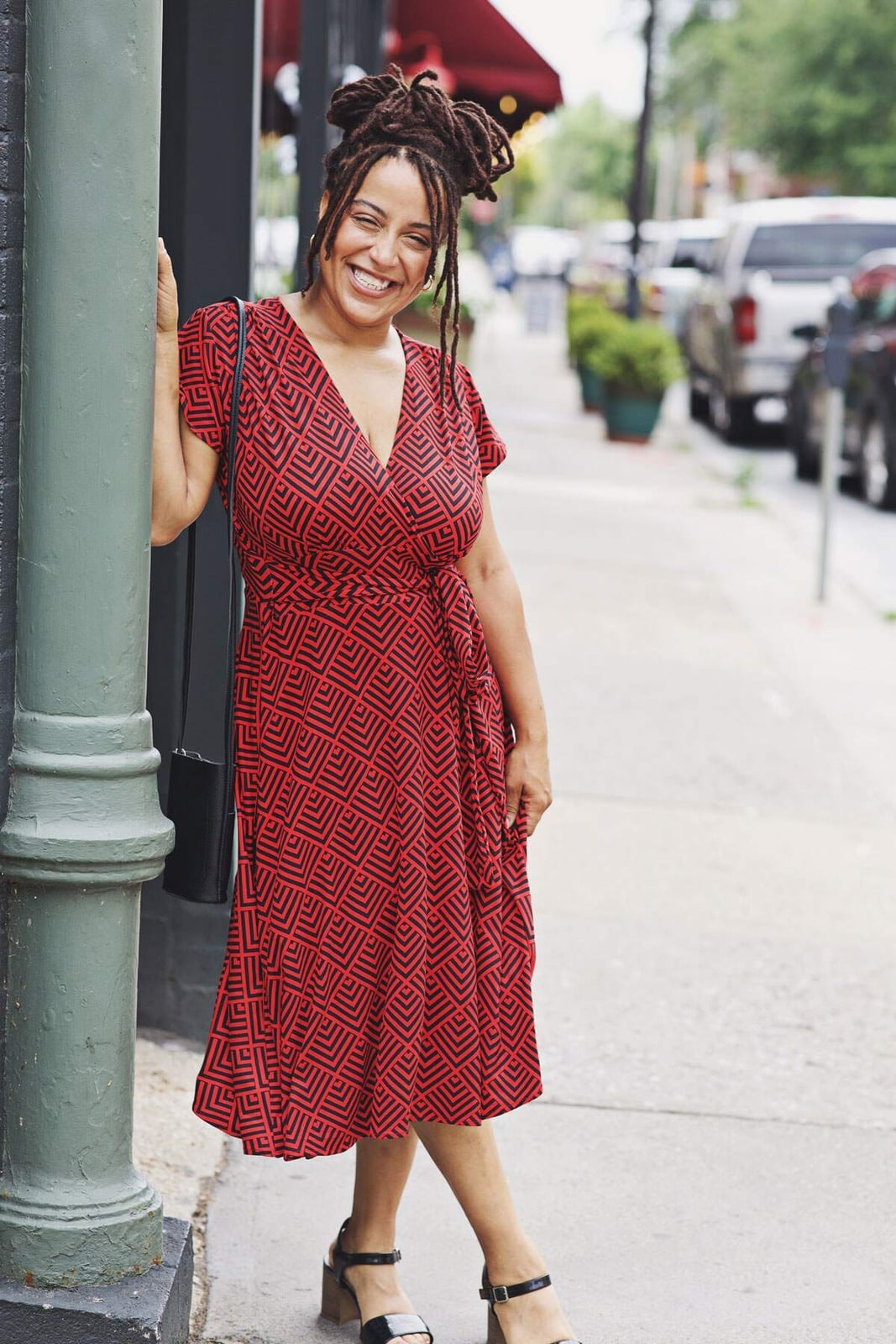 Red and Black Geometric Print Wrap Dress — Dress As Your Type