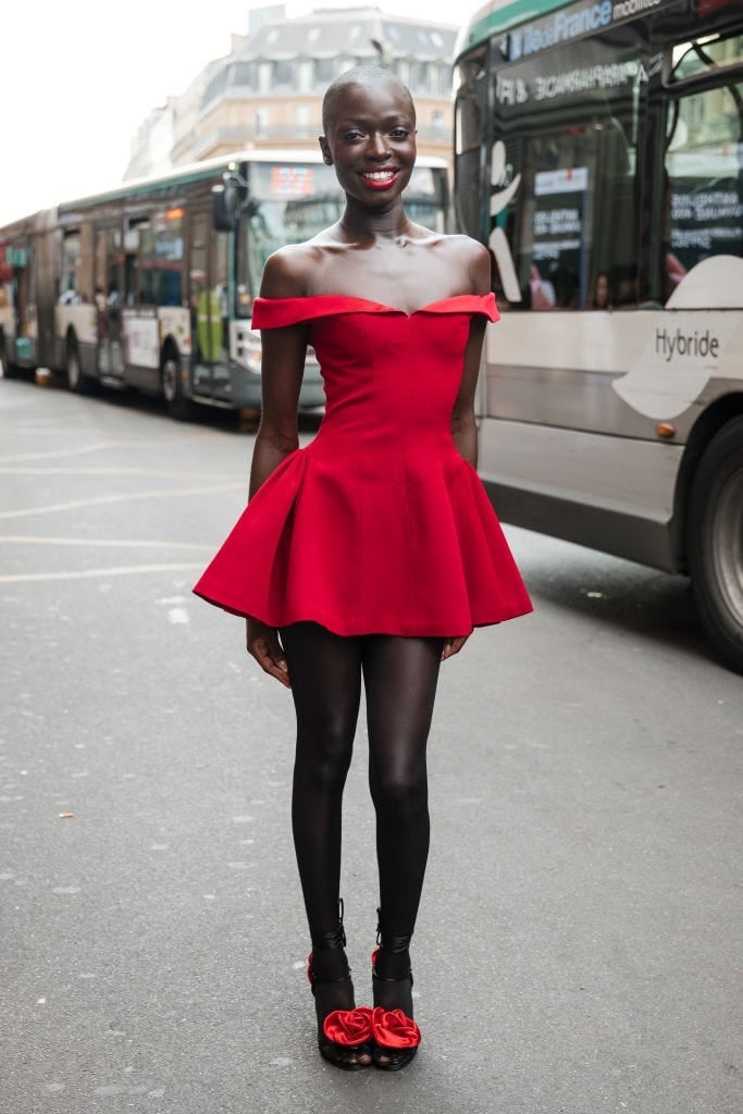 Vibrant Red Off-The-Shoulder Fit and Flare Dress, Close-Up Take — Dress As Your Type
