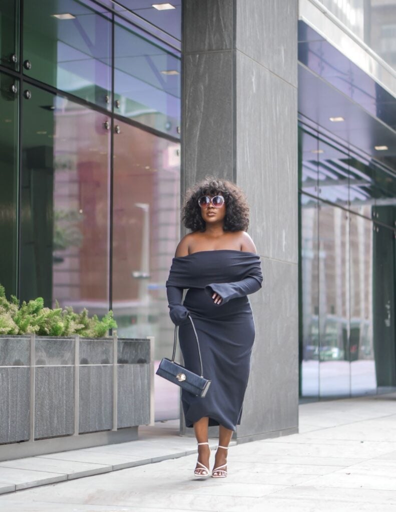 Black Ribbed Knit Off-The-Shoulder Midi Dress — Dress As Your Type