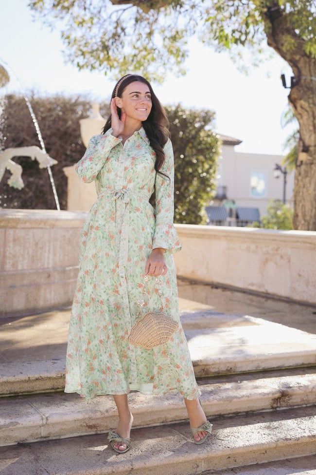 Mint Green Floral Maxi Dress with Bell Sleeves — Dress As Your Type
